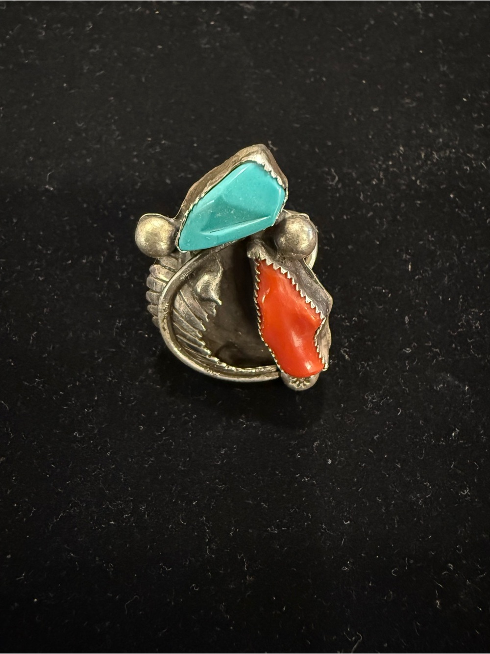 Sterling Silver Ring with Turquoise and Red Coral Accent